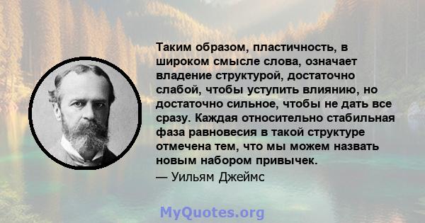 Таким образом, пластичность, в широком смысле слова, означает владение структурой, достаточно слабой, чтобы уступить влиянию, но достаточно сильное, чтобы не дать все сразу. Каждая относительно стабильная фаза