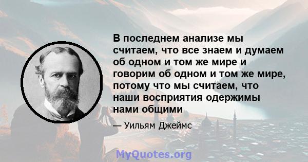 В последнем анализе мы считаем, что все знаем и думаем об одном и том же мире и говорим об одном и том же мире, потому что мы считаем, что наши восприятия одержимы нами общими