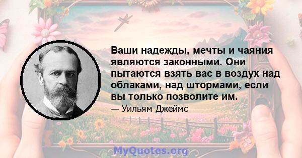 Ваши надежды, мечты и чаяния являются законными. Они пытаются взять вас в воздух над облаками, над штормами, если вы только позволите им.