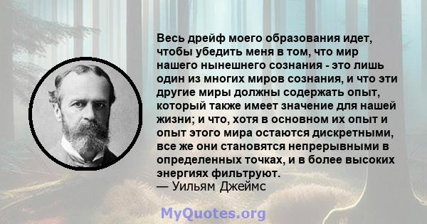 Весь дрейф моего образования идет, чтобы убедить меня в том, что мир нашего нынешнего сознания - это лишь один из многих миров сознания, и что эти другие миры должны содержать опыт, который также имеет значение для