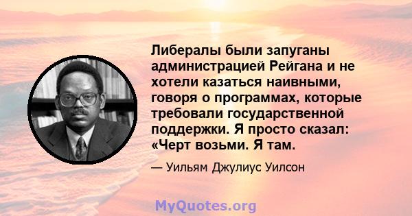 Либералы были запуганы администрацией Рейгана и не хотели казаться наивными, говоря о программах, которые требовали государственной поддержки. Я просто сказал: «Черт возьми. Я там.