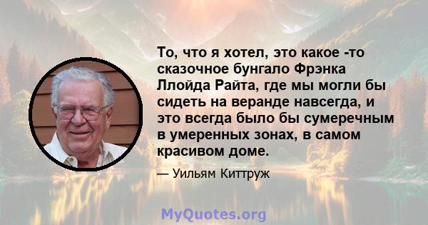 То, что я хотел, это какое -то сказочное бунгало Фрэнка Ллойда Райта, где мы могли бы сидеть на веранде навсегда, и это всегда было бы сумеречным в умеренных зонах, в самом красивом доме.