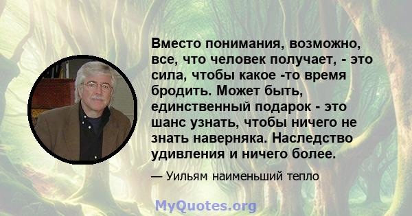 Вместо понимания, возможно, все, что человек получает, - это сила, чтобы какое -то время бродить. Может быть, единственный подарок - это шанс узнать, чтобы ничего не знать наверняка. Наследство удивления и ничего более.