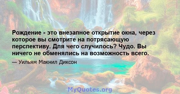 Рождение - это внезапное открытие окна, через которое вы смотрите на потрясающую перспективу. Для чего случилось? Чудо. Вы ничего не обменялись на возможность всего.