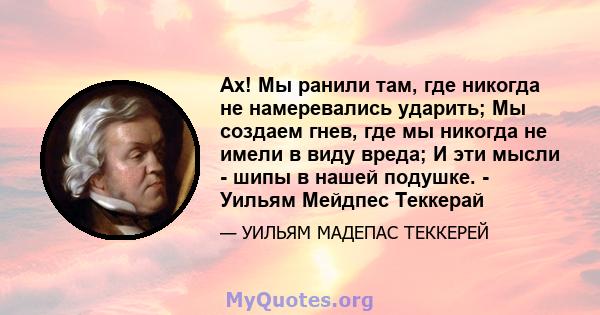 Ах! Мы ранили там, где никогда не намеревались ударить; Мы создаем гнев, где мы никогда не имели в виду вреда; И эти мысли - шипы в нашей подушке. - Уильям Мейдпес Теккерай