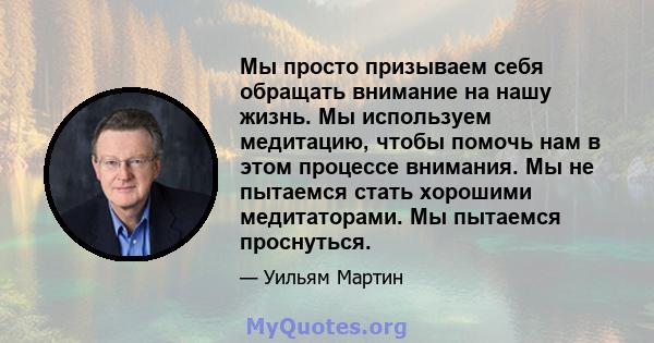 Мы просто призываем себя обращать внимание на нашу жизнь. Мы используем медитацию, чтобы помочь нам в этом процессе внимания. Мы не пытаемся стать хорошими медитаторами. Мы пытаемся проснуться.