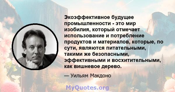 Экоэффективное будущее промышленности - это мир изобилия, который отмечает использование и потребление продуктов и материалов, которые, по сути, являются питательными, такими же безопасными, эффективными и