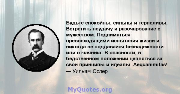 Будьте спокойны, сильны и терпеливы. Встретить неудачу и разочарование с мужеством. Подниматься превосходящими испытания жизни и никогда не поддавайся безнадежности или отчаянию. В опасности, в бедственном положении