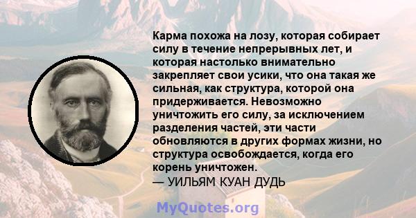 Карма похожа на лозу, которая собирает силу в течение непрерывных лет, и которая настолько внимательно закрепляет свои усики, что она такая же сильная, как структура, которой она придерживается. Невозможно уничтожить