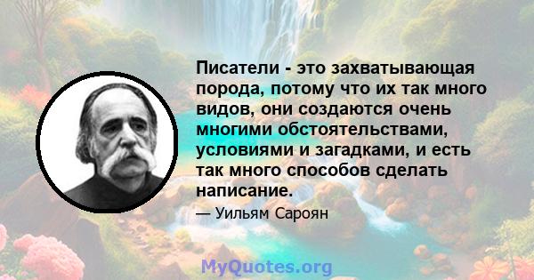 Писатели - это захватывающая порода, потому что их так много видов, они создаются очень многими обстоятельствами, условиями и загадками, и есть так много способов сделать написание.