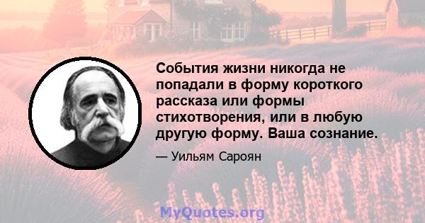 События жизни никогда не попадали в форму короткого рассказа или формы стихотворения, или в любую другую форму. Ваша сознание.