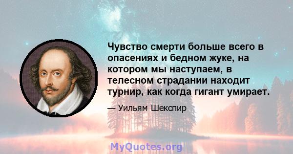 Чувство смерти больше всего в опасениях и бедном жуке, на котором мы наступаем, в телесном страдании находит турнир, как когда гигант умирает.