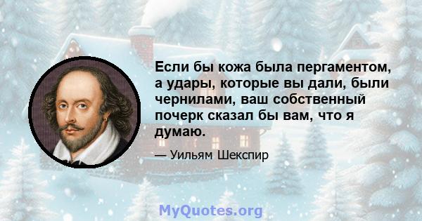 Если бы кожа была пергаментом, а удары, которые вы дали, были чернилами, ваш собственный почерк сказал бы вам, что я думаю.