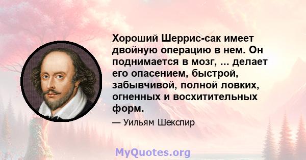 Хороший Шеррис-сак имеет двойную операцию в нем. Он поднимается в мозг, ... делает его опасением, быстрой, забывчивой, полной ловких, огненных и восхитительных форм.