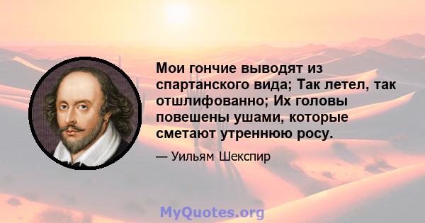 Мои гончие выводят из спартанского вида; Так летел, так отшлифованно; Их головы повешены ушами, которые сметают утреннюю росу.