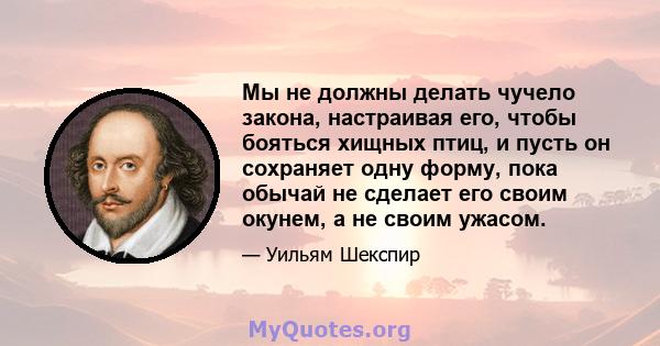 Мы не должны делать чучело закона, настраивая его, чтобы бояться хищных птиц, и пусть он сохраняет одну форму, пока обычай не сделает его своим окунем, а не своим ужасом.