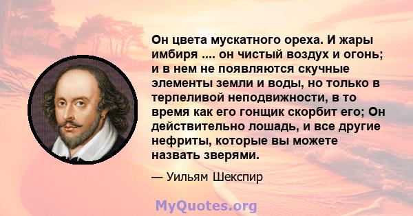 Он цвета мускатного ореха. И жары имбиря .... он чистый воздух и огонь; и в нем не появляются скучные элементы земли и воды, но только в терпеливой неподвижности, в то время как его гонщик скорбит его; Он действительно