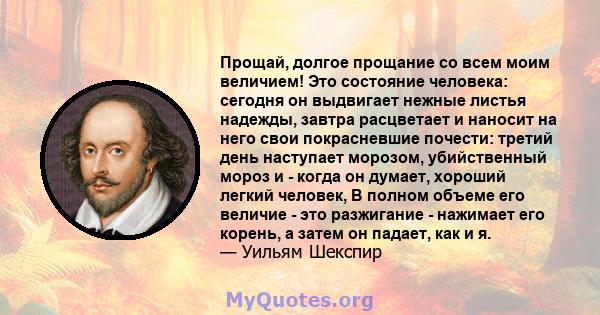 Прощай, долгое прощание со всем моим величием! Это состояние человека: сегодня он выдвигает нежные листья надежды, завтра расцветает и наносит на него свои покрасневшие почести: третий день наступает морозом,