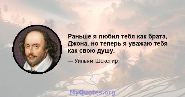 Раньше я любил тебя как брата, Джона, но теперь я уважаю тебя как свою душу.