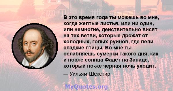 В это время года ты можешь во мне, когда желтые листья, или ни один, или немногие, действительно висят на тех ветви, которые дрожат от холодных, голых руинов, где пели сладкие птицы. Во мне ты ослабляешь сумерки такого