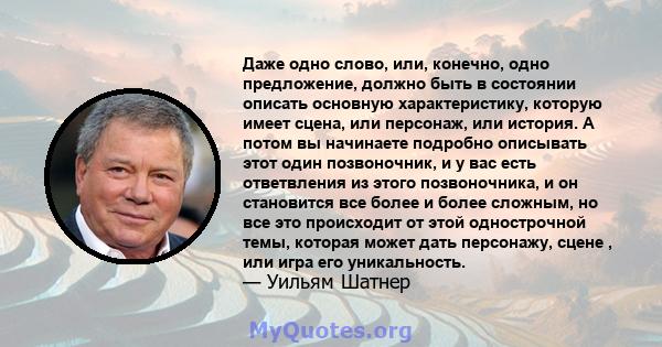 Даже одно слово, или, конечно, одно предложение, должно быть в состоянии описать основную характеристику, которую имеет сцена, или персонаж, или история. А потом вы начинаете подробно описывать этот один позвоночник, и