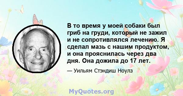 В то время у моей собаки был гриб на груди, который не зажил и не сопротивлялся лечению. Я сделал мазь с нашим продуктом, и она прояснилась через два дня. Она дожила до 17 лет.