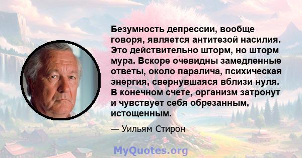 Безумность депрессии, вообще говоря, является антитезой насилия. Это действительно шторм, но шторм мура. Вскоре очевидны замедленные ответы, около паралича, психическая энергия, свернувшаяся вблизи нуля. В конечном