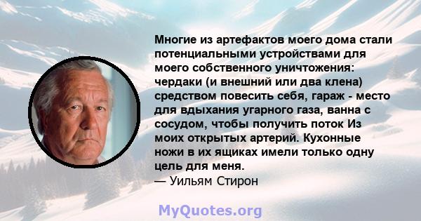 Многие из артефактов моего дома стали потенциальными устройствами для моего собственного уничтожения: чердаки (и внешний или два клена) средством повесить себя, гараж - место для вдыхания угарного газа, ванна с сосудом, 