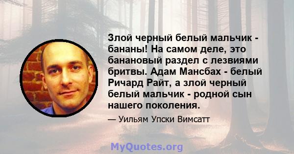 Злой черный белый мальчик - бананы! На самом деле, это банановый раздел с лезвиями бритвы. Адам Мансбах - белый Ричард Райт, а злой черный белый мальчик - родной сын нашего поколения.