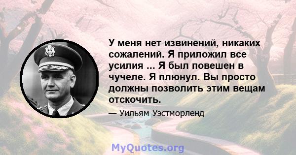 У меня нет извинений, никаких сожалений. Я приложил все усилия ... Я был повешен в чучеле. Я плюнул. Вы просто должны позволить этим вещам отскочить.