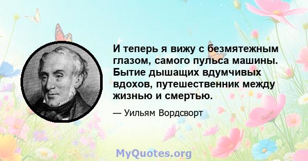 И теперь я вижу с безмятежным глазом, самого пульса машины. Бытие дышащих вдумчивых вдохов, путешественник между жизнью и смертью.