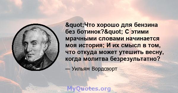 "Что хорошо для бензина без ботинок?" С этими мрачными словами начинается моя история; И их смысл в том, что откуда может утешить весну, когда молитва безрезультатно?