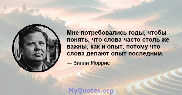 Мне потребовались годы, чтобы понять, что слова часто столь же важны, как и опыт, потому что слова делают опыт последним.