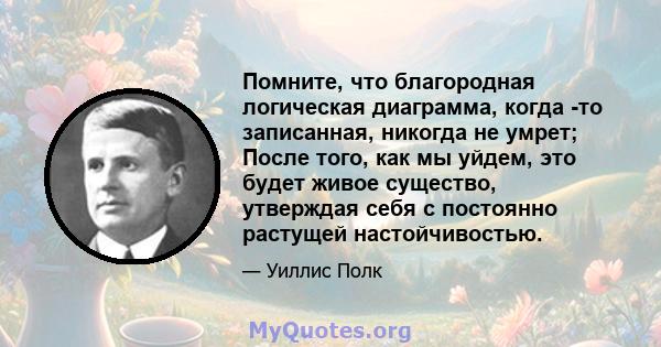 Помните, что благородная логическая диаграмма, когда -то записанная, никогда не умрет; После того, как мы уйдем, это будет живое существо, утверждая себя с постоянно растущей настойчивостью.