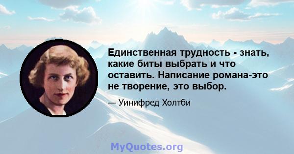 Единственная трудность - знать, какие биты выбрать и что оставить. Написание романа-это не творение, это выбор.