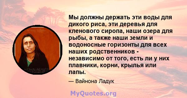 Мы должны держать эти воды для дикого риса, эти деревья для кленового сиропа, наши озера для рыбы, а также наши земли и водоносные горизонты для всех наших родственников - независимо от того, есть ли у них плавники,