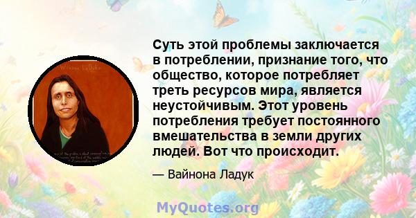 Суть этой проблемы заключается в потреблении, признание того, что общество, которое потребляет треть ресурсов мира, является неустойчивым. Этот уровень потребления требует постоянного вмешательства в земли других людей. 