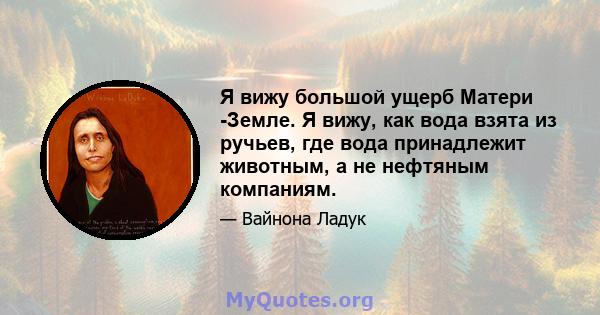 Я вижу большой ущерб Матери -Земле. Я вижу, как вода взята из ручьев, где вода принадлежит животным, а не нефтяным компаниям.