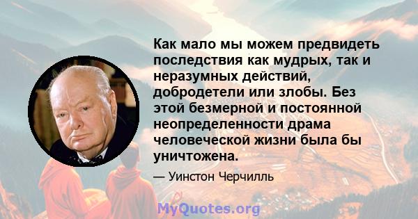 Как мало мы можем предвидеть последствия как мудрых, так и неразумных действий, добродетели или злобы. Без этой безмерной и постоянной неопределенности драма человеческой жизни была бы уничтожена.