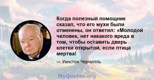 Когда полезный помощник сказал, что его мухи были отменены, он ответил: «Молодой человек, нет никакого вреда в том, чтобы оставить дверь клетки открытой, если птица мертва!