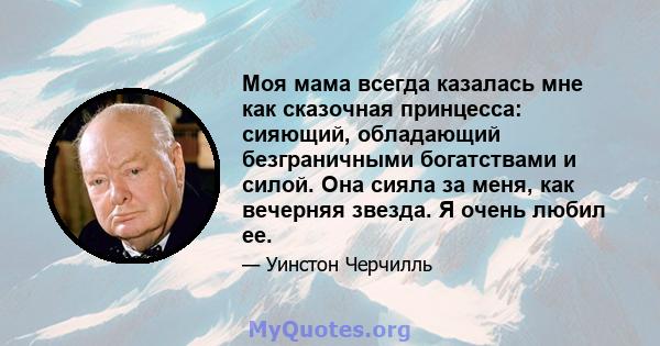 Моя мама всегда казалась мне как сказочная принцесса: сияющий, обладающий безграничными богатствами и силой. Она сияла за меня, как вечерняя звезда. Я очень любил ее.