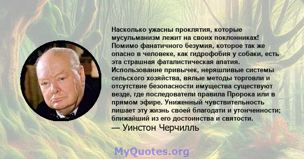 Насколько ужасны проклятия, которые мусульманизм лежит на своих поклонниках! Помимо фанатичного безумия, которое так же опасно в человеке, как гидрофобия у собаки, есть эта страшная фаталистическая апатия. Использование 