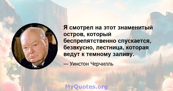 Я смотрел на этот знаменитый остров, который беспрепятственно спускается, безвкусно, лестница, которая ведут к темному заливу.