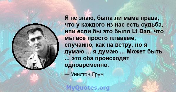 Я не знаю, была ли мама права, что у каждого из нас есть судьба, или если бы это было Lt Dan, что мы все просто плаваем, случайно, как на ветру, но я думаю ... я думаю ... Может быть ... это оба происходят одновременно.