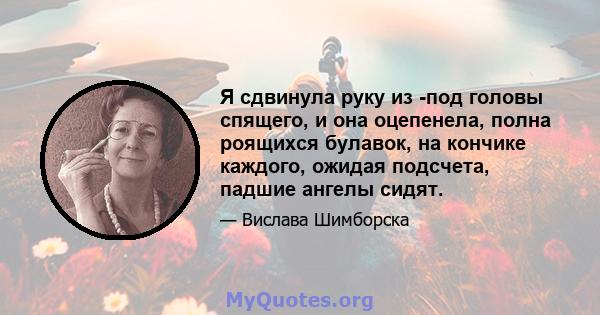 Я сдвинула руку из -под головы спящего, и она оцепенела, полна роящихся булавок, на кончике каждого, ожидая подсчета, падшие ангелы сидят.