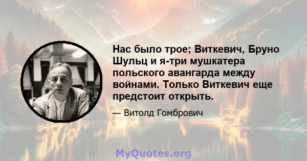 Нас было трое; Виткевич, Бруно Шульц и я-три мушкатера польского авангарда между войнами. Только Виткевич еще предстоит открыть.