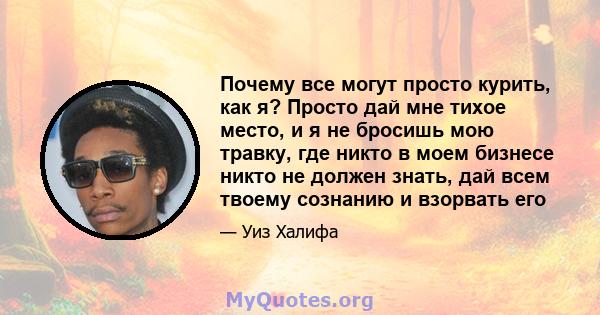 Почему все могут просто курить, как я? Просто дай мне тихое место, и я не бросишь мою травку, где никто в моем бизнесе никто не должен знать, дай всем твоему сознанию и взорвать его