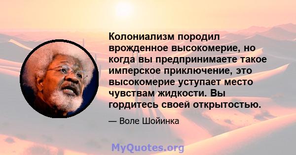 Колониализм породил врожденное высокомерие, но когда вы предпринимаете такое имперское приключение, это высокомерие уступает место чувствам жидкости. Вы гордитесь своей открытостью.