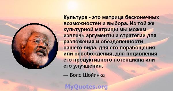 Культура - это матрица бесконечных возможностей и выбора. Из той же культурной матрицы мы можем извлечь аргументы и стратегии для разложения и обездоленности нашего вида, для его порабощения или освобождения, для