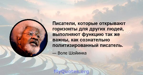 Писатели, которые открывают горизонты для других людей, выполняют функцию так же важны, как сознательно политизированный писатель.